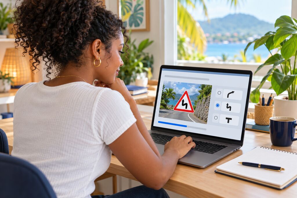 Illustration : une élève révise le code de la route sur un ordinateur portable